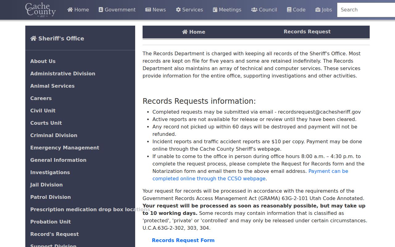 Cache County released inmate records request instructions